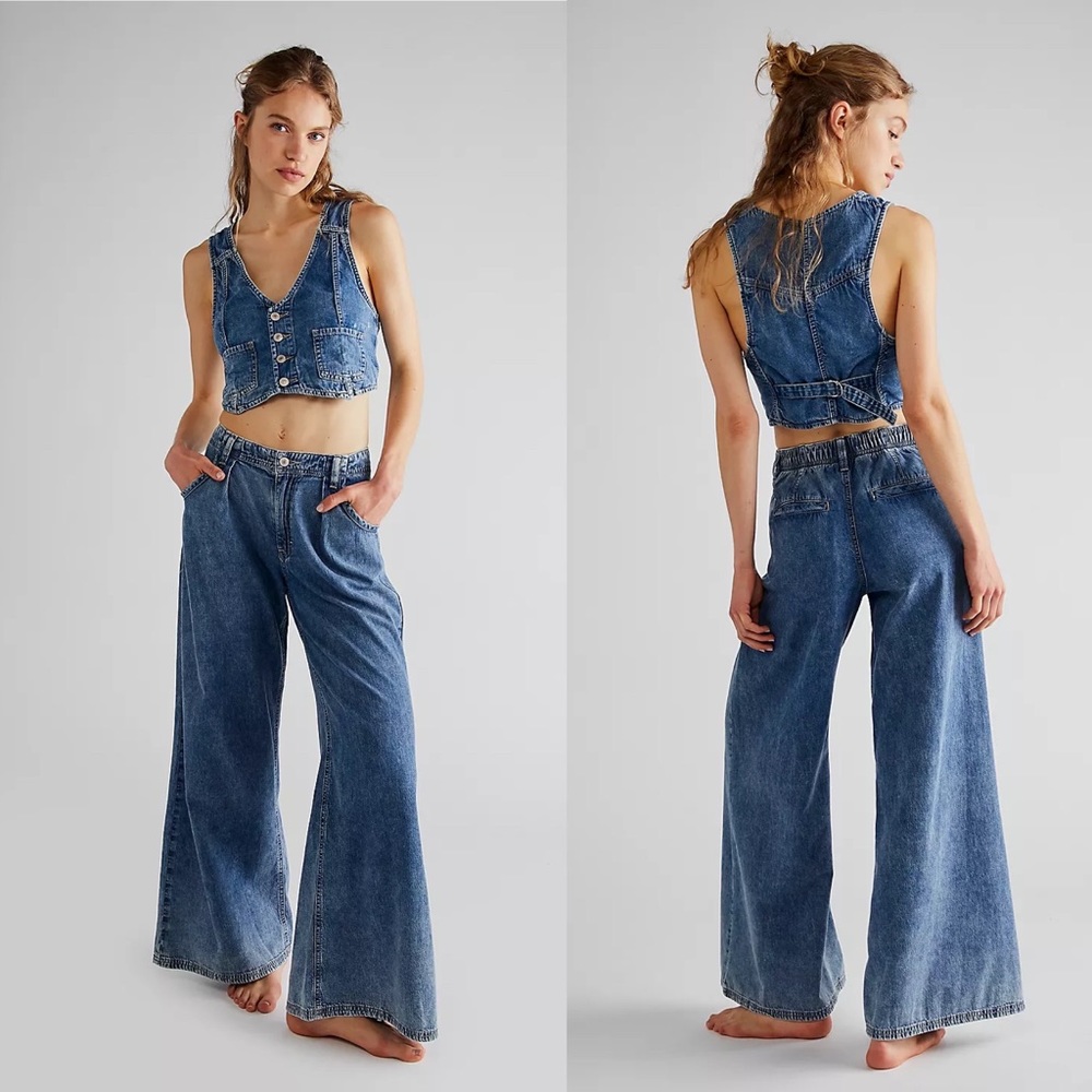 Free People Rose Denim Vest & Pant Set